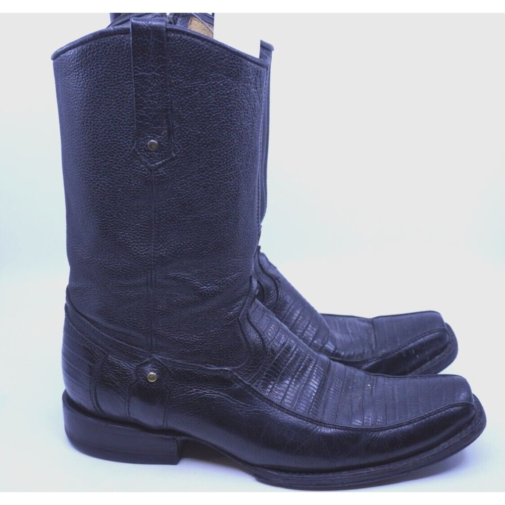 Reyme Boots Western Armadillo Black Leather Pointed Toe Side Zip Mex 28.5 US 9.5